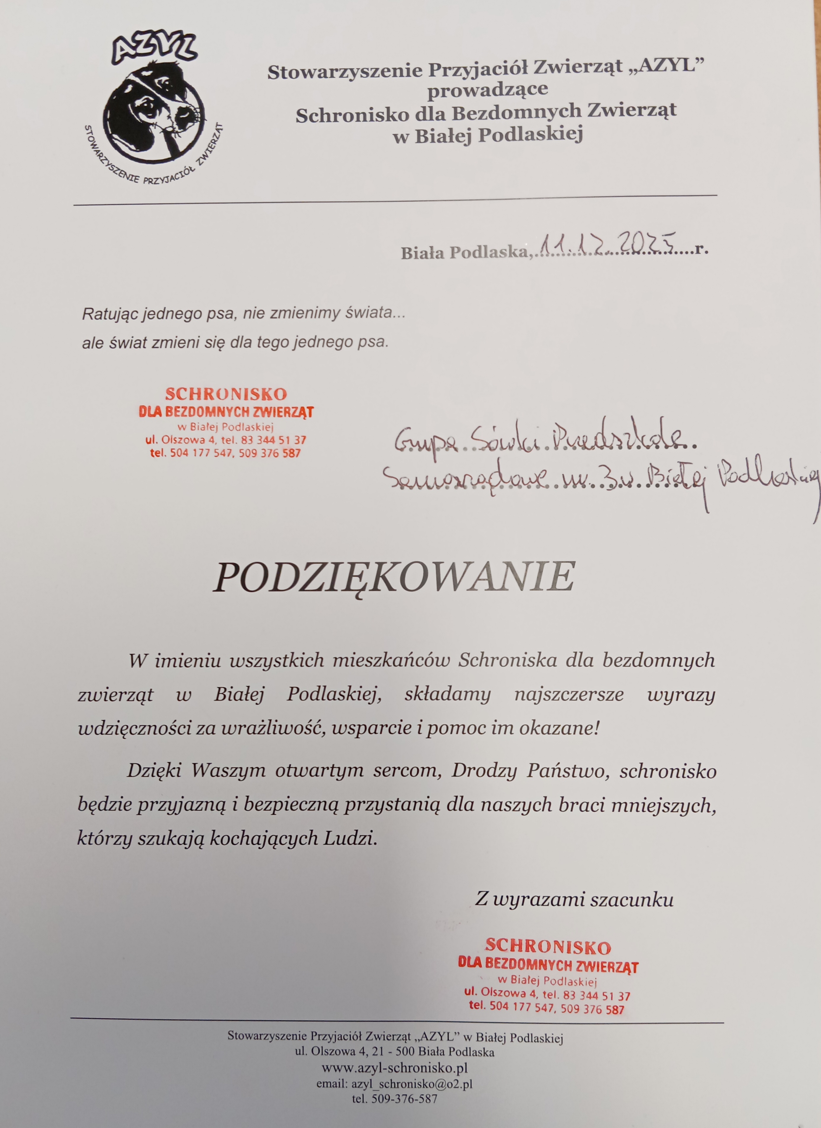 Podziękowanie za wpłatę na schronisko