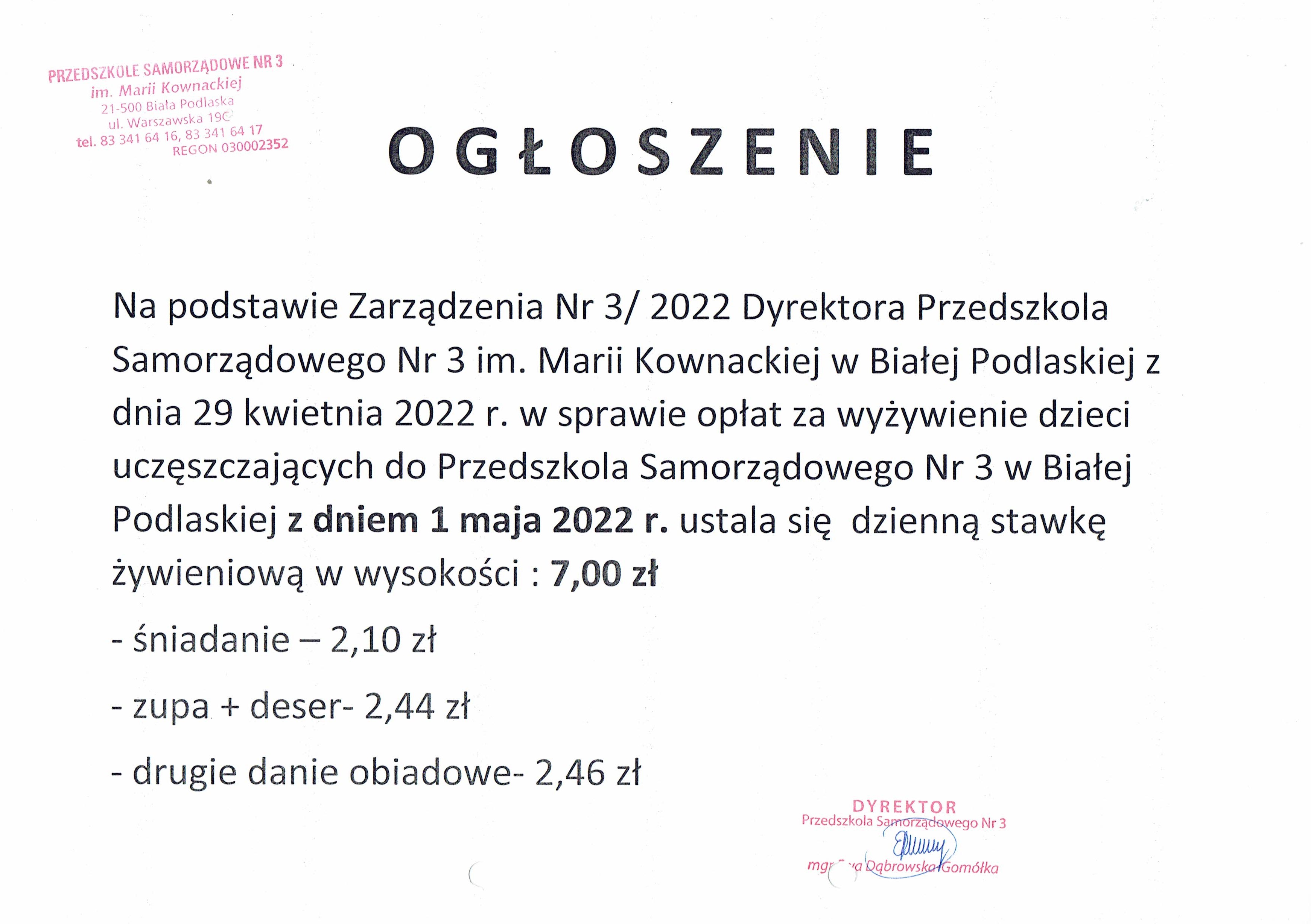 Ogłoszenie w sprawie opłat za żywienie dzieci w przedszkolu